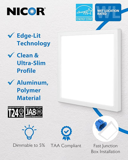 9” Square LED Surface Mount Ceiling Light - Dimmable Ceiling Light for Kitchen - Selectable CCT 2700K-5000K, 1219-1271 Lumens, 18.6W - DSE Edge-Lit Downlights for Ceiling, White by NICOR Lighting