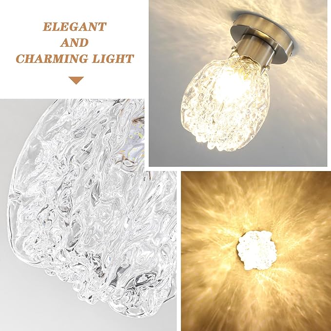 BUXVRCS Semi Flush Mount Ceiling Light Silver, Hammered Glass Hallway Ceiling Light Fixture, Small Vintage Close to Ceiling Light for Living Room Bedroom Bathroom Kitchen Entryway with E26 Base