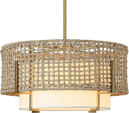 19.7" Rattan Chandelier for Dining Room, 4-Light Boho Hand Woven Pendant Light with Fabric Shade, Rustic Hanging Ceiling Light Fixture for Living Room, Kitchen Island, Bedroom, Hallway, Foyer