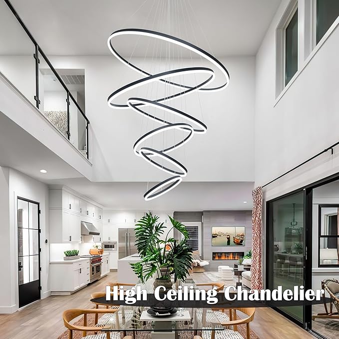 6 Rings Pendant Lights 47.2'' Modern Black Led Chandelier Dimmable Height Adjustable Chandeliers Color Temperature Black Chandelier Led Pendant Light for Dining Room Bedroom Entryway