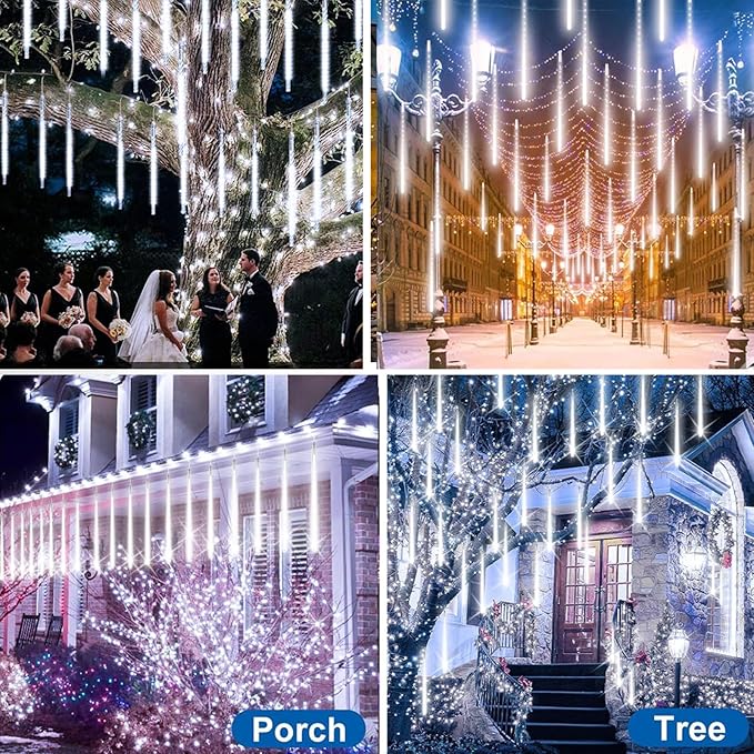 UL Certified Meteor Shower Lights Outdoor, 20 Tubes 1080 LED Falling Rain Drop Icicle Lights, 20 Inch Cascading Snowfall String Lights for Christmas Tree, Holiday Wedding Party Garden Decor, White