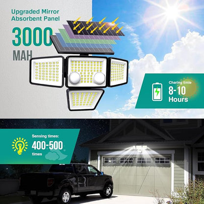 LYWALT Solar Outdoor Lights - 3000LM 188 LED Motion Sensor Outdoor Lights, 4 Heads IP65 Waterproof Powered Security Flood Lights, 270°Wide Lighting Angle Wall Light with Sensors for Backyard Yard