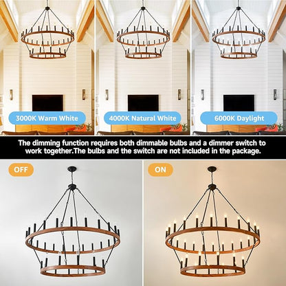 HHR 48" Wood-Grain Surface Double Tier Wagon Wheel Chandelier, 36-Light Round Farmhouse Pendant Light Fixture, Rustic Large Chandelier for Dining Room Living Room Office(Not Solid Wood) E12
