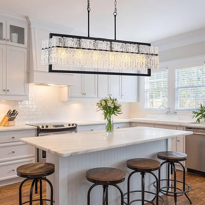 Modern Chandeliers for Dining Room, 6-Light Large Black Rectangle Kitchen Island Lighting with Water Ripple Glass, 42” Crystal Linear Chandelier Light Fixture Over Table for Living Room