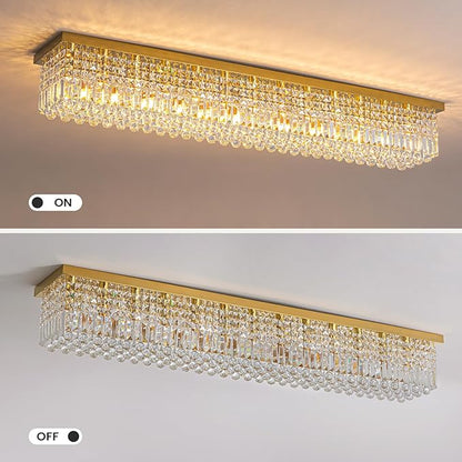 7PM Rectangular Chandelier, Modern Dining Room Light Fixture with Raindrop Chandelier Crystals, 13-Light Flush Mount Rectangle Chandelier for Dining Room, Living Room,Brass Finish L59'' x W10'' x H9''