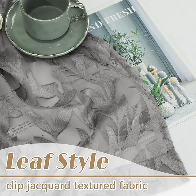 Gwine Charcoal Grey Sheer Curtain 54 Inch Length for Living Room 2 Panels, Light Filtering Leaf Jacquard Clip Textured Curtains for Bedroom, Soft Airy Farmhouse Rod Pocket Window Curtain, 42" Wx54 L