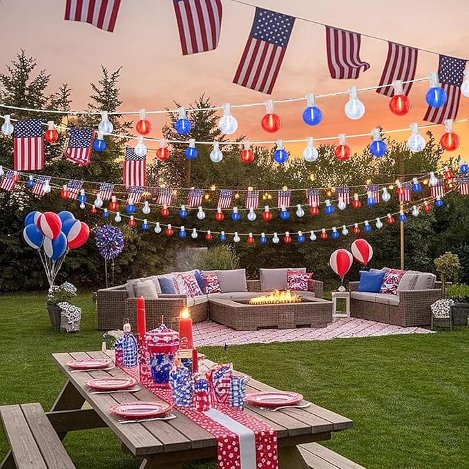 LAMPHOME 4 Pack 26Ft LED G40 Red White and Blue String Lights Outdoor, 4th of July Patriotic Lights with 12+1 Shatterproof Bulbs, Memorial Day Independence Day Decor for Yard Garden Patio