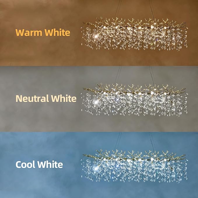 Modern Rectangular Chandelier, 47.3" Gold Crystal Tree Branch Chandelier 14 Lights Luxury Raindrop Light for Dining Room, Kitchen Island, Living Room