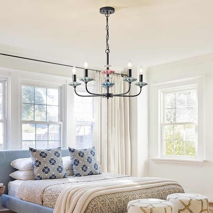 Black Chandeliers for Dining Room Light Fixture Over Table,5-Light Art Deco Chandelier, Modern Retro Candle Chandelier with Ceramic,Farmhouse Chandelier for Girls Bedroom，Living Room，Foyer