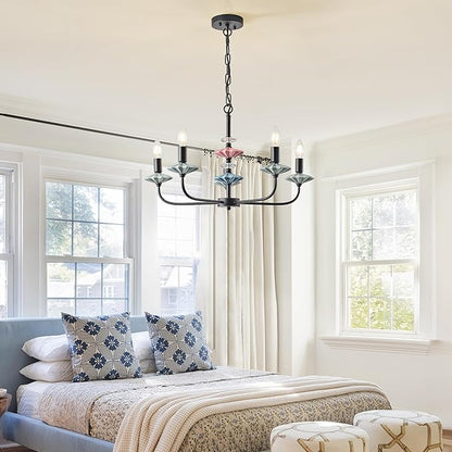 Black Chandeliers for Dining Room Light Fixture Over Table,5-Light Art Deco Chandelier, Modern Retro Candle Chandelier with Ceramic,Farmhouse Chandelier for Girls Bedroom，Living Room，Foyer