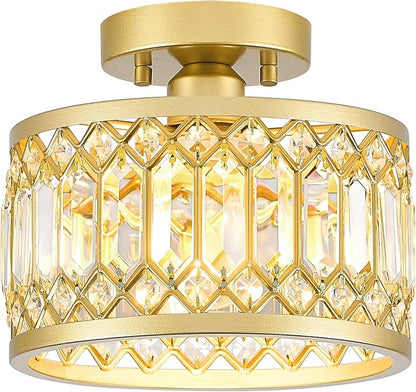 YURNYQ Crystal Ceiling Light Fixture, Modern Semi Flush Mount Ceiling Light, Gold Lighting Fixtures Ceiling Lamp for Hallway, Kitchen, Entryway, Bedroom, Laundry Room, 9.05 Inch