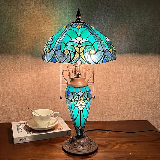 Tiffany Table Lamp with Nightlight Sea Green 3 Lights Stained Glass Desk Lamp for Reading Antique Nightstand Table Light for Living Room Bedroom Entryway