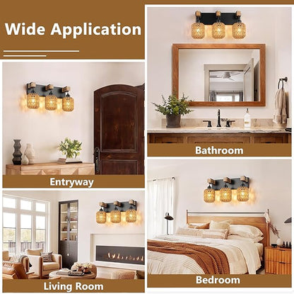 LmnLvn Farmhouse Bathroom Light Fixture, Boho Vanity Light, 3-Light Rattan Bathroom Light Fixture Over Mirror Rustic Vanity Lighting with Handwoven Shades, Suit for Restroom, Bedroom, Hallway