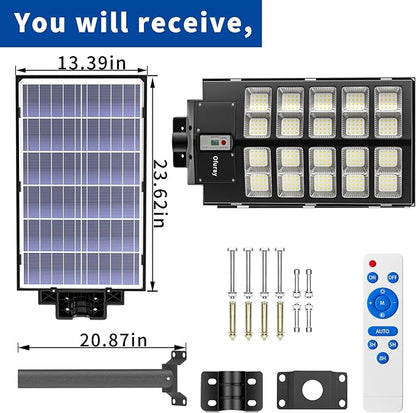 Ofuray Solar Street Lights Outdoor,Solar Security Flood Lights Parking Lot Lights Commercial Dusk to Dawn, 6500k Waterproof Led with Remote Control Motion for Street,Court,Barn (Of-6000W 600000Lm)