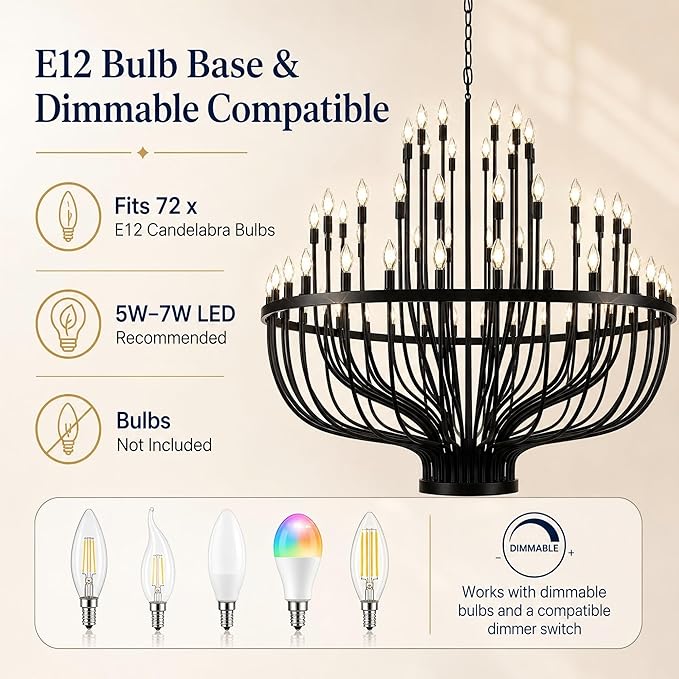 Shandaglo 60 Inch Black Wagon Wheel Chandelier for High Ceilings, 72-Light 3-Tier Extra Farmhouse Foyer Light Fixture, Large Round Pendant for Entryway Staircase Dining Room