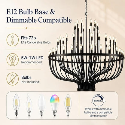 Shandaglo 60 Inch Black Wagon Wheel Chandelier for High Ceilings, 72-Light 3-Tier Extra Farmhouse Foyer Light Fixture, Large Round Pendant for Entryway Staircase Dining Room