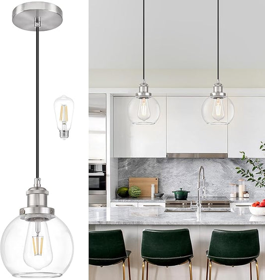 Bagood Brand 6 inch Mid Century Modern Globe Pendant Light, Brushed Nickel Finish, Clear Glass, Kitchen Island Lighting, Includes Bulb, Adjustable Cord, Monopoint with Canopy