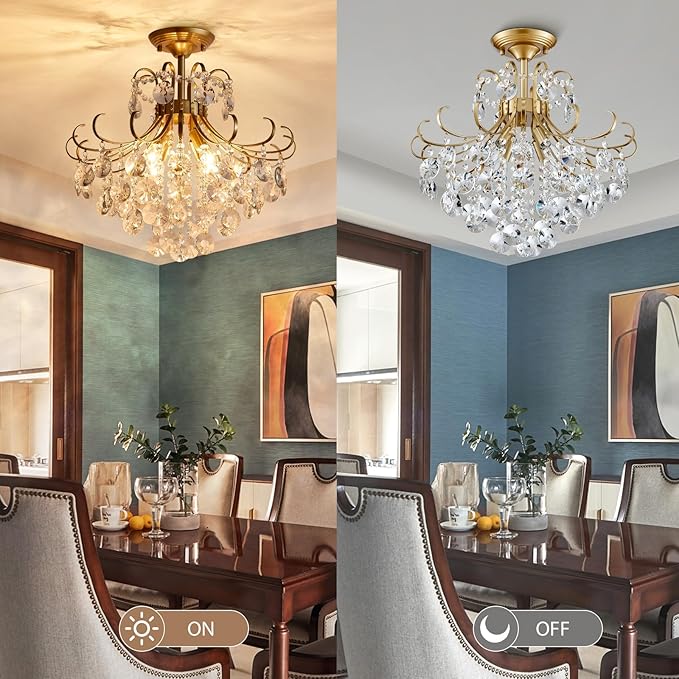 Gold Crystal Chandelier Ceiling Light, Luxury Crystal Semi Flush Mount Ceiling Lighting Fixture for Dining Room Bedroom Hallway Bar Kitchen, H 17.7'' x W 18.1''