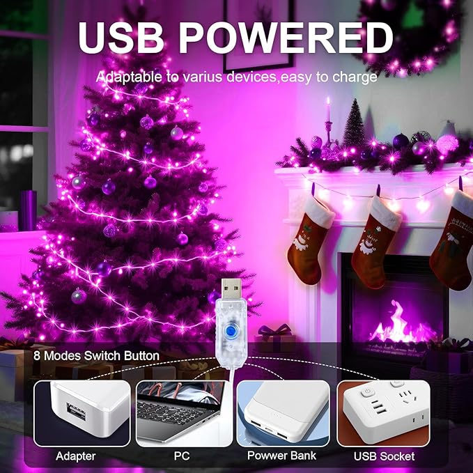 1Pack USB Plug in Fairy String Lights,16ft 50 LED Copper with Remote and Timer, 8 Modes Waterproof Twinkle String Lights Battery Powered for Bedroom Indoor Party Wedding Christmas Decoration(Pink)
