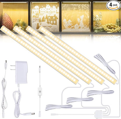 JUSJUBR 4PCS x 12inch Display Cabinet Lights Warm White, Dimmable LED Shelf Lighting with Memory Function, Bookshelf Lighting, LED Lights for Display Case/Pantry/Closet/Safe, 3000K