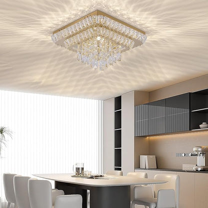 COCOSTAR Crystal Chandeliers, Modern Led Luxury Chandelier, 25" Suqare Flush Mount Chandelier Ceiling Light, Chandeliers for Dining Room, Living Room, Bedroom, Gold