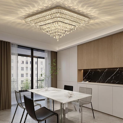 COCOSTAR Crystal Chandeliers, Modern Led Luxury Chandelier, 43" Suqare Flush Mount Chandelier Ceiling Light, Raindrop Chandeliers for Dining Room, Living Room, Bedroom, Gold