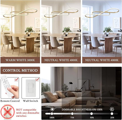 Modern LED Chandelier Gold Dimmable LED Pendant Light for Dining Room Light Fixture Over Table Modern Kitchen Island Lighting High Ceiling with Remote for Living Room(42 Inch, 3000K-6500K)