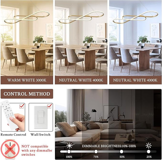 Modern LED Chandelier Gold Dimmable LED Pendant Light for Dining Room Light Fixture Over Table Modern Kitchen Island Lighting High Ceiling with Remote for Living Room(42 Inch, 3000K-6500K)