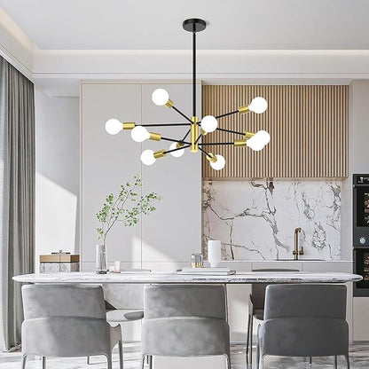 Sputnik Chandelier 10-Light, Mid Century Modern Height Adjustable Ceiling Light Fixture for Dining Room, Kitchen Island, Living Room,Bedroom-Black and Gold