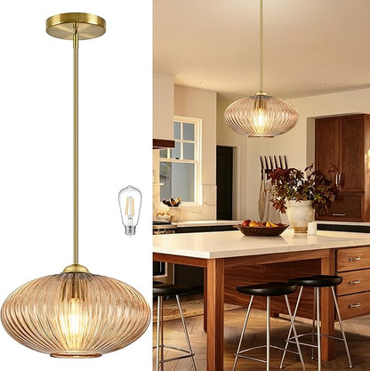 12" Amber Glass Modern Pendant Light Kitchen Island Brushed Gold Mid Century Modern Pendant Lighting with Clear Amber Glass Hanging Pendant Light for Dining Room（Bulb Incl.）