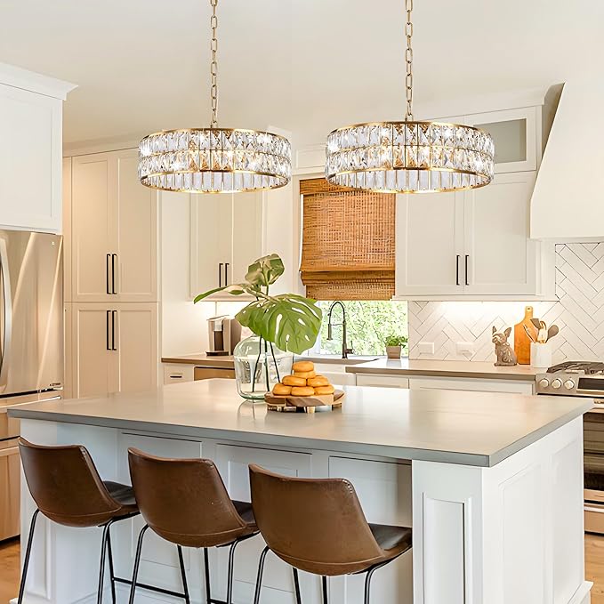 Crystal Pendant Light Modern Chandelier Crystal Semi Flush Mount Ceiling Light Round for Kitchen Island Foyer Hallway