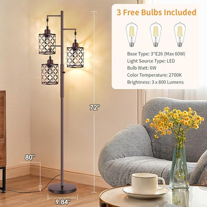 Dimmable Floor Lamp, Farmhouse Standing Lamp with Elegant Metal Cage, Industrial Tall Tree Floor Lamps for Living Room, Bedroom, Study Room, Office, 3 x 800LM LED Bulbs Included, 72", Brown