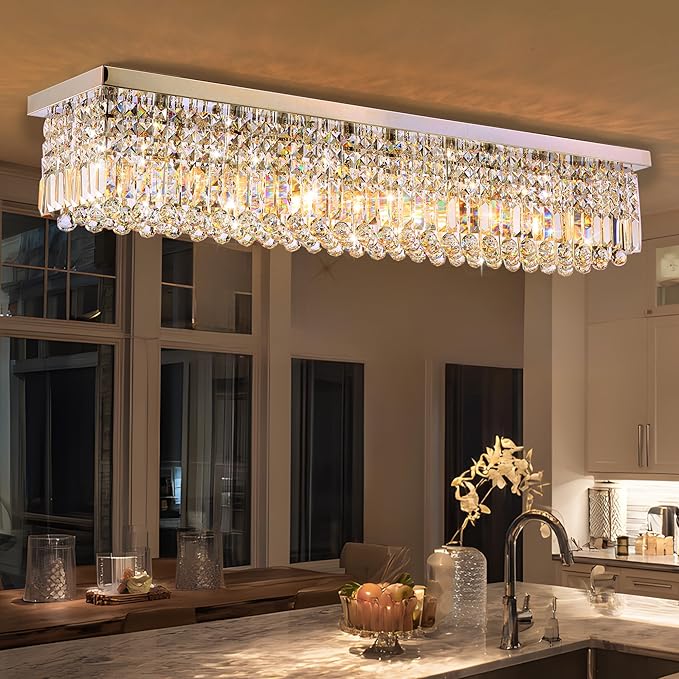 12-Lights Crystal Chandeliers Modern Crystal Rectangular Flush Mount Chandelier with Raindrop Crystals Pendant Light Fixture for Dining Dining Room Kitchen Dining Room Bedroom Bathroom Hotel