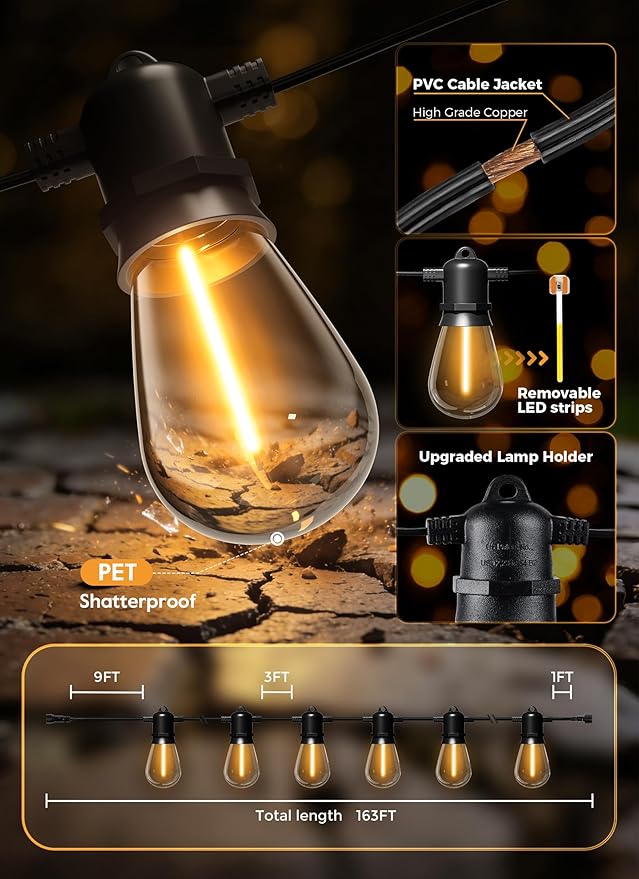 Minetom 163FT Solar String Lights Outdoor Waterproof, 52 LED S14 Shatterproof Bulb, Patio Lights with Remote Type-C Port Timable, 3 Light Modes Dimmable Solar String Lights for Outside, Yard, Camping