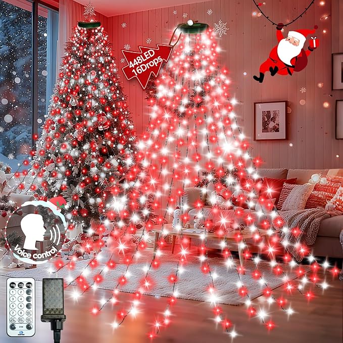2025 New Christmas Tree Lights Indoor with Voice Control & Remote | 448LED Waterfall Tree Topper Lights with 12 Modes & Timer, 7FT x 16 Lines Cascading Twinkle Lights for 7FT Xmas Decor(Red White)
