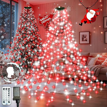 2025 New Christmas Tree Lights Indoor with Voice Control & Remote | 448LED Waterfall Tree Topper Lights with 12 Modes & Timer, 7FT x 16 Lines Cascading Twinkle Lights for 7FT Xmas Decor(Red White)
