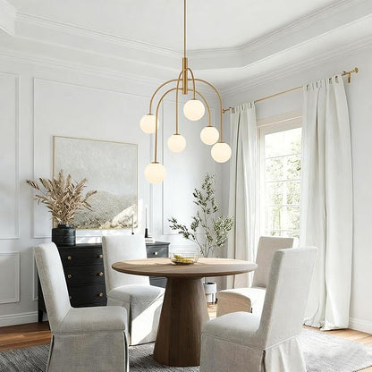 LamQee 6 Lights Mid Century Modern Chandelier, Milk Glass Globe Chandelier Light Fixture with Gold Metal & White Ball, Large Pendant Lighting Ceiling Hanging for Dining Room Kitchen Island Entryway
