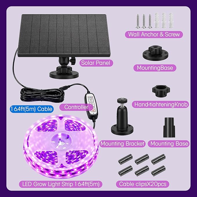Solar Grow Light Strip with Battery Operated for Outdoor Plant, Full Spectrum Plant Growing Lights, IP65 Waterproof for Greenhouse, 16.4FT Indoor Solar Powered with Timer for All Stage Plants