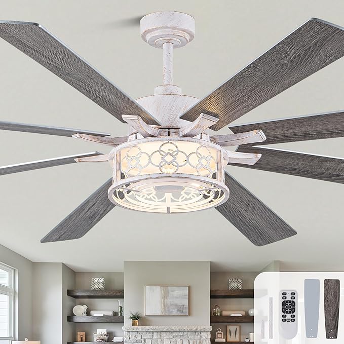 72 Inch Farmhouse Ceiling Fan with Lights Large Rustic Ceiling Fan Retro White Caged Fandelier Industrial Chandelier Light with Remote for Indoor Outdoor, Reversible DC Motor 6 Speed