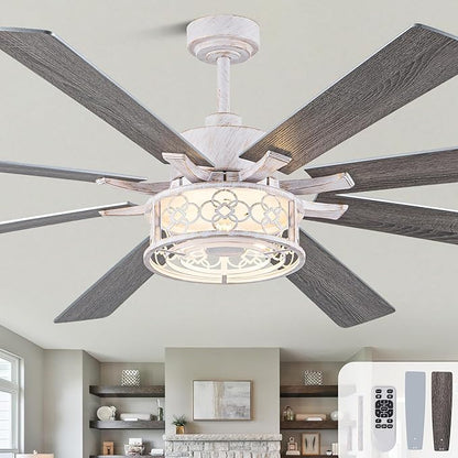 72 Inch Farmhouse Ceiling Fan with Lights Large Rustic Ceiling Fan Retro White Caged Fandelier Industrial Chandelier Light with Remote for Indoor Outdoor, Reversible DC Motor 6 Speed