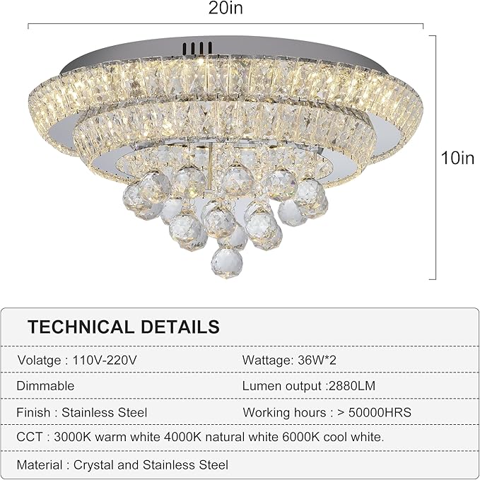 Miuyhji Elegant LED Crystal Raindrop Ceiling Light,20" Flush Mount Chandelier Light Fixture with Remote Control for Living Room Kitchen Island Bathroom Bedroom Hallway Entryway(Dimmable)