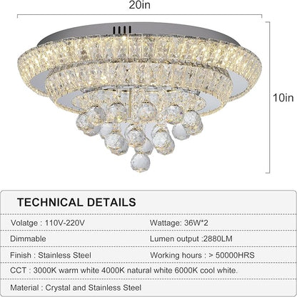 Miuyhji Elegant LED Crystal Raindrop Ceiling Light,20" Flush Mount Chandelier Light Fixture with Remote Control for Living Room Kitchen Island Bathroom Bedroom Hallway Entryway(Dimmable)