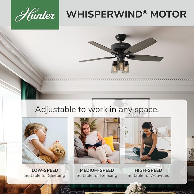 Hunter 52 inch Indoor Ceiling Fan with LED Lights and Remote Control - Black Ceiling Fan, Standard Mount, 5 Blades, For Bedroom, Living Room, or Kitchen, Quiet - Bennett 54189, Matte Black