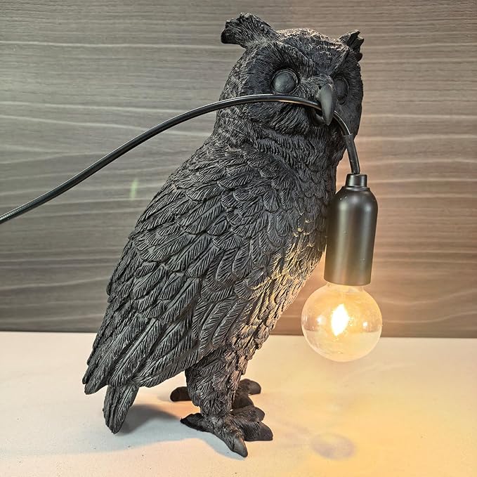 Resin Owl Table Lamp Themed Animal Desk Lamp Art Bird Night Light Lamp for Bedside,Living Room,Office Decor,AC 110V (Black Owl Lamp)