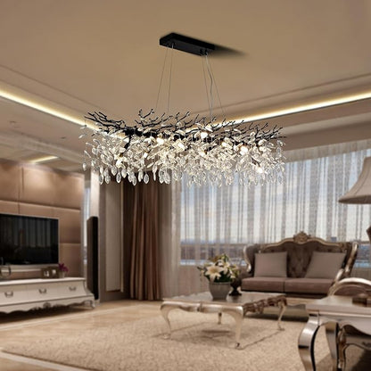 Modern Crystal Tree Branches Chandelier, 47.5in Black 14 Lights Large Ceiling Hanging Light for Dining Room, Rectangle Raindrop Pendant Light Fixture