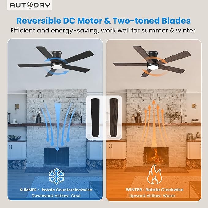 52 Inch Low Profile Ceiling Fan with Light, Black Flush Mount Ceiling Fans with Lights and Remote, 6 Speeds Reversible Quiet DC, 3CCT Dimmable, Indoor Outdoor Ceiling Fans for Patios Bedroom