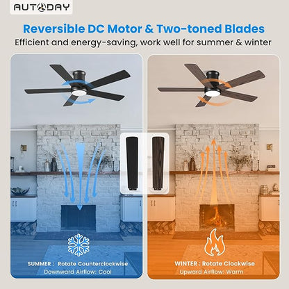 52 Inch Low Profile Ceiling Fan with Light, Black Flush Mount Ceiling Fans with Lights and Remote, 6 Speeds Reversible Quiet DC, 3CCT Dimmable, Indoor Outdoor Ceiling Fans for Patios Bedroom