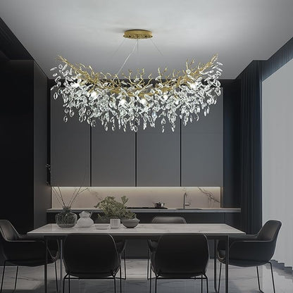 Rectangle Crystal Tree Branch Chandelier, L47.3'' Modern Luxury Gold Linear Art Deco Raindrop Pendant Lighting Fixture for Kitchen Island Foyer Living Room Dining Room 12 Lights