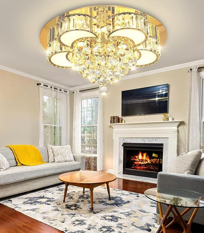 23.6" Gold Modern Crystal Chandeliers for Dining Room LED Dimmable Light Fixtures Flush Mount Light Living Room Bedrooms