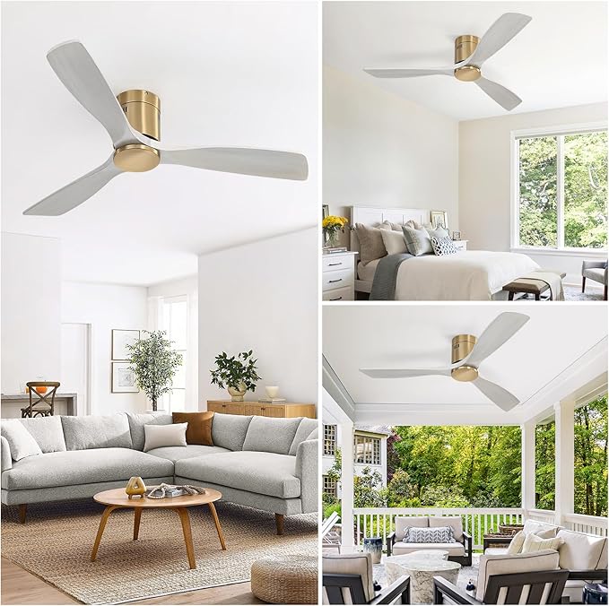 CACI Mall 52 Inch Solid Wood Ceiling Fan without Light, Flush Mount, 3 Blade, Low Profile, Modern, Outdoor/Indoor Ceiling Fans No Light for Bedroom/Farmhouse/Patio